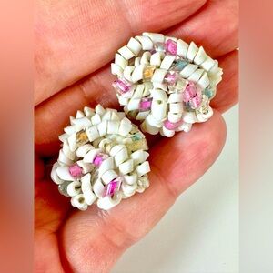 Vintage Cluster Pierced MCM Earrings, Pink/Blue/Yellow/White Glass Beads #1071
